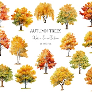 以下が含まれることがあります： オレンジ、黄色、緑の色合いのさまざまな秋の木の水彩イラスト。さまざまな葉の形とサイズの木が白い背景に描かれています。テキストには「AUTUMN TREES Watercolor collection 15 PNG FILE」と書かれています。