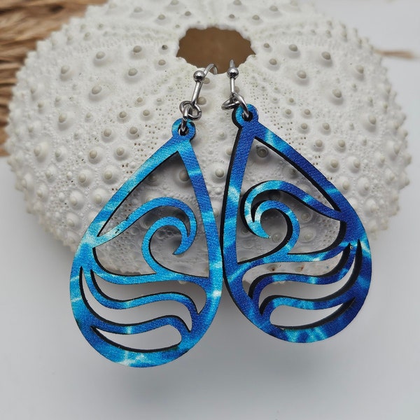 Wood Ocean Wave Earrings, Ocean Earrings, Beach Earrings, Summer Earrings, Surfer Gift for Her, Ocean Jewelry, Coastal Jewelry