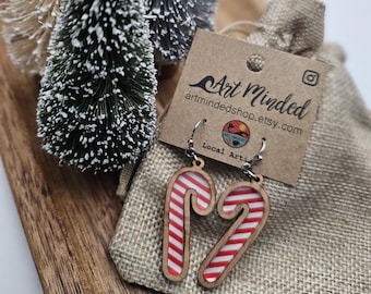 Rustic Wood Framed Candy Cane Christmas Earrings, Festive Cocktail Party Holiday Earrings, Lightweight Peppermint Swirl Christmas Jewelry