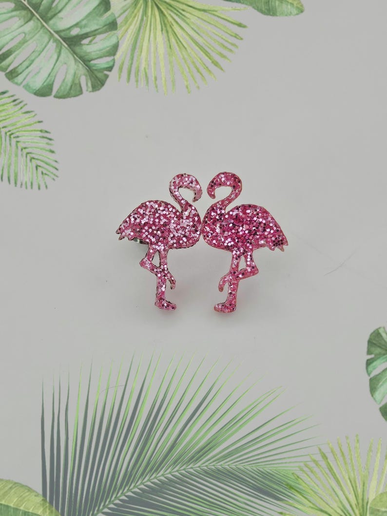 Pink Glitter Flamingo Stud Earrings