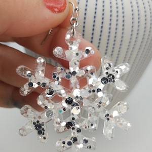 Large Glitter Snowflake Earrings for Christmas Earrings Winter Earrings Snowflake Jewelry Silver Icicle Earrings White Snowflakes Snow