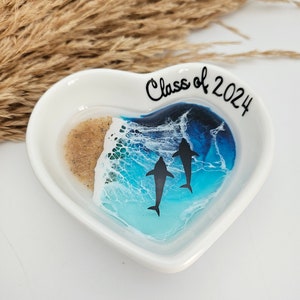 Personalized Dolphin Ring Dish, Class of 2024 Gift, White Sandy Beaches, Ceramic Heart Trinket Dish, Ocean Jewelry Holder Dish