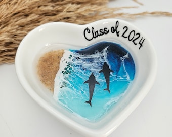 Personalized Dolphin Ring Dish, Class of 2024 Gift, White Sandy Beaches, Ceramic Heart Trinket Dish, Ocean Jewelry Holder Dish