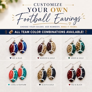 Personalized Football Earrings, Custom Team Colors, Sparkly Game Day Glitter Earrings, Sports Fan Gift, Football Jewelry, Super Bowl Earring