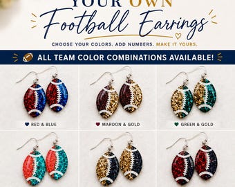 Puede incluir: Una colección de pendientes colgantes con forma de balón de fútbol con purpurina en varias combinaciones de colores, incluyendo rojo y azul, granate y oro, verde y oro, coral y verde espuma, negro y oro, y rojo y negro, con el texto CUSTOMIZE YOUR OWN Football Earrings.