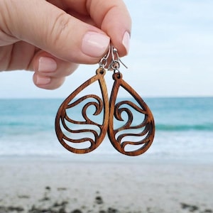 Ocean Wave Earrings, Wood Summer Earrings, Beachy Surfer Gift for Her, Beach Jewelry, Coastal Gifts for Beach Lovers, Beach Chic Earrings