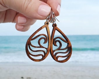 Ocean Wave Earrings, Wood Summer Earrings, Beachy Surfer Gift for Her, Beach Jewelry, Coastal Gifts for Beach Lovers, Beach Chic Earrings