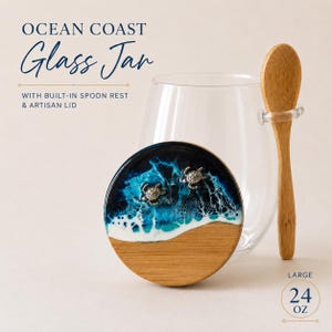 Coastal Glass Jar w/ Built-in Spoon Rest, Hand Crafted Resin Ocean Waves, Kitchen Jars, Canisters, Beach Bathroom Decor [Large Jar]