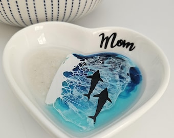 Personalized Dolphin Ring Dish, Mother's Day Gift, Gift for Grandma, Gigi Gift for Her, Ceramic Mom Heart Trinket Tray, Jewelry Dish Holder