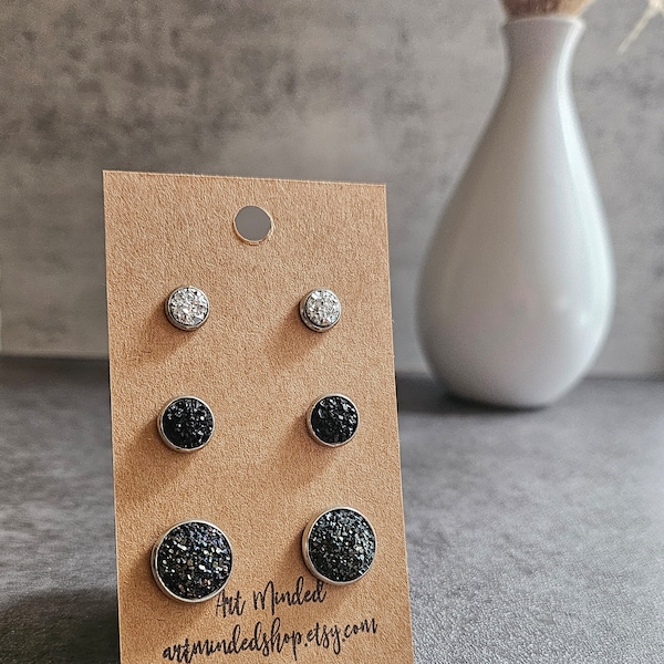 Sparkly Druzy Stud Earring Set, Black, Silver, Charcoal, Navy, Pink, White