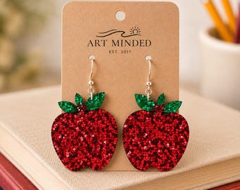 Teacher Apple Earrings, Back to School Earrings, Teacher Appreciation Gift,Red Apple Glitter Earrings, Teacher Jewelry, First Day of School