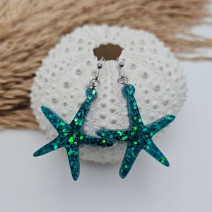 Tropical Starfish Earrings, Beachy Summer Earrings, Sparkly Glitter Summer Earrings, Seashell Beach Jewelry, Coastal gift for Her