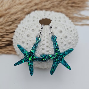 Starfish Earrings, Beachy Summer Earrings, Sparkly Glitter Starfish, Seashell Beach Earrings, Coastal gift for Her, Ocean Earrings
