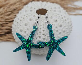 Tropical Starfish Earrings, Beachy Summer Earrings, Sparkly Glitter Summer Earrings, Seashell Beach Jewelry, Coastal gift for Her