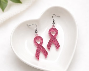 Breast Cancer Awareness Earrings • Pink Ribbon Earrings • Pink Glitter Ribbon Jewelry • Cancer Survivor Gift • Breast Cancer Support Gift