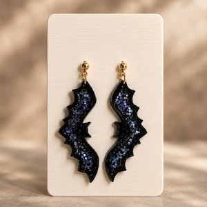 Black Glitter Bat Earrings, Halloween Bat Earrings, Gothic Jewelry, Spooky Goth Earrings, Resin Bat Dangle Earrings, Halloween Gift for Her