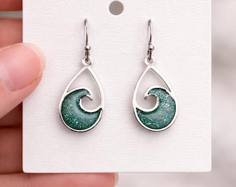 Glitter Ocean Wave Earrings, Silver Wave Jewelry, Ocean Lover Gift for Her, Summer Earrings