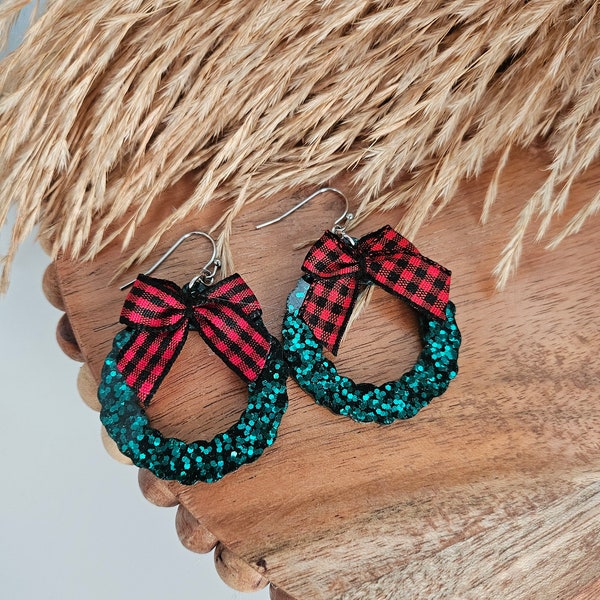 Christmas Wreath Earrings - Buffalo Plaid Earrings - Christmas Holiday Party Earrings