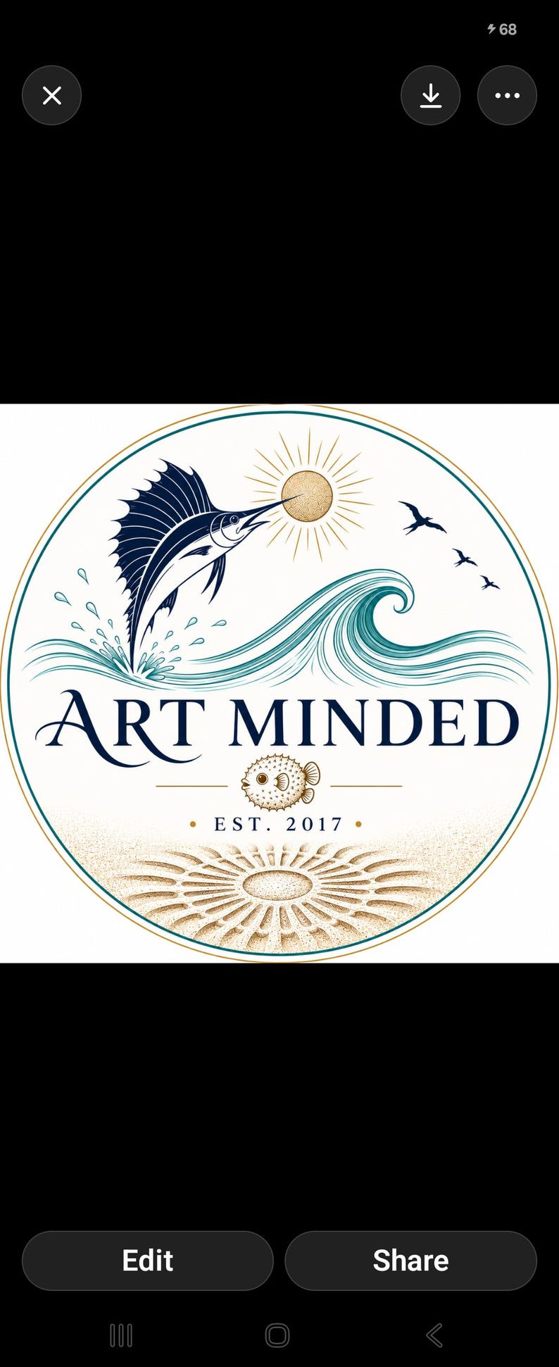 May include: A circular logo featuring a dark blue sailfish leaping from a teal ocean wave toward a golden sun. The text ART MINDED is centered above a small pufferfish illustration and the text EST. 2017, with a sand pattern at the bottom.