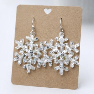 Large Glitter Snowflake Earrings for Christmas Earrings Winter Earrings Snowflake Jewelry Silver Icicle Earrings White Snowflakes Snow