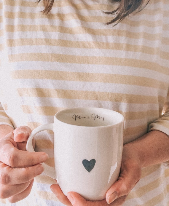 Personalised Mum Blue Heart, Bone China Barrel Mug. Hand Decorated.