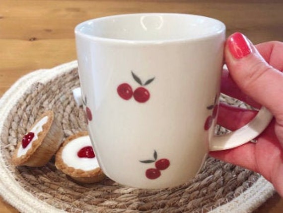 Red Cherry Mug - Bone China - Fruit Mug - Tea Mug - Coffee Mug - Cute Mugs