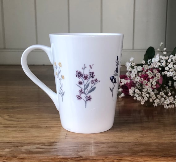 Delicate Spring Flower Bone China Mug UK. Pretty Hand Decorated Floral Design.