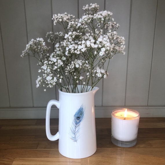 Hand Decorated Peacock Feather Two Pint Jug, Fine Bone China. Original Artwork