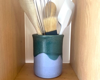 Vintage Studio Pottery Utensil Holder With Green & Purple Glaze - Signed by Artist