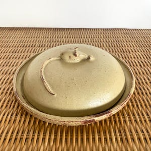 May include: A ceramic butter dish in a light tan hue, with a lid and a rustic aesthetic. The lid is adorned with a raised mouse-shaped handle and a curved tail design. The dish rests on a round base with a darker rim.