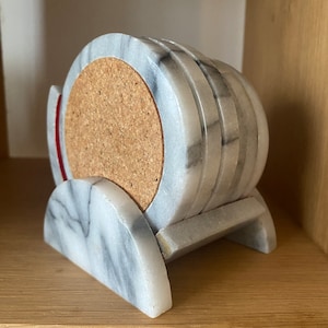 Vintage Marble Drink Coaster Set Of 6 With Holder Unique White & Grey Art Deco