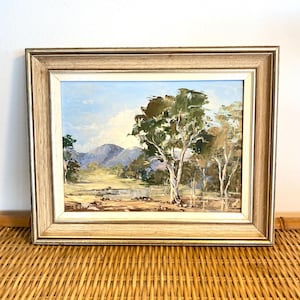 Vintage Original Oil Painting The Flinders Ranges By Christine Ellis Landscape 25.5 x 20.5cm Framed Bush Dam Farm