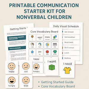 Puede incluir: Un kit de inicio de comunicación imprimible para niños no verbales. Incluye una guía de inicio, una tabla de vocabulario básico, un horario visual diario y tarjetas de emociones. El kit presenta ayudas visuales y herramientas de comunicación.