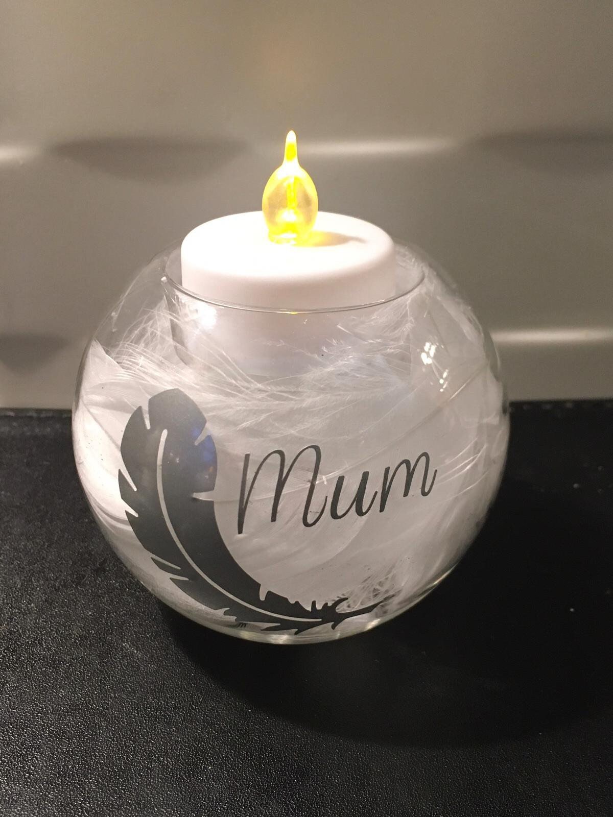 Personalised Memorial Tea Light Holder With Feather Etsy UK