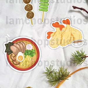 Paquete de pegatinas troqueladas de snacks japoneses: adorables, snacks japoneses, comida asiática, sushi, onigiri, sashimi, ramen y takoyaki.