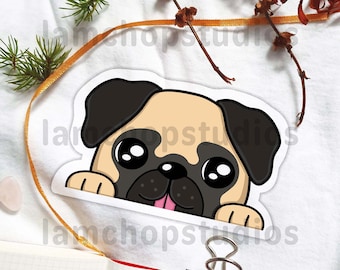 Cute Pug Peeking Out Sticker | die-cut stickers - cute - pug - puppy - dog peeking - kawaii - animals - pet sticker - happy - LamchopStudios