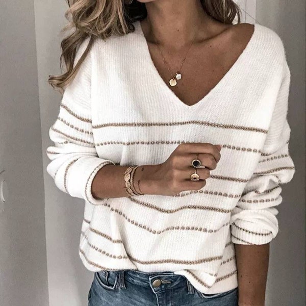 Knitwear Color Block Striped Sweater For Women | Long Sleeve V-neck | Pullovers Tops Oversized | Fluffy Sweaters Pullovers