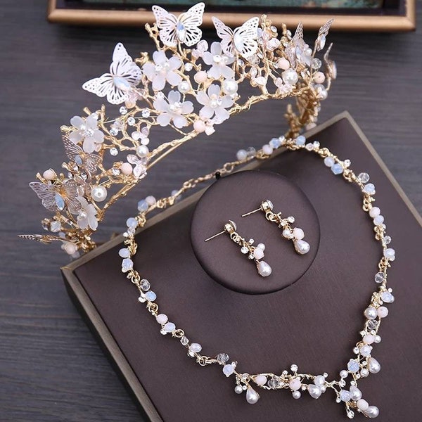 Luxury Crystal Beads | Pearl Butterfly Costume | Jewelry Sets | Floral Rhinestone | Choker Necklace | Tiara Earrings | Wedding Jewelry Set