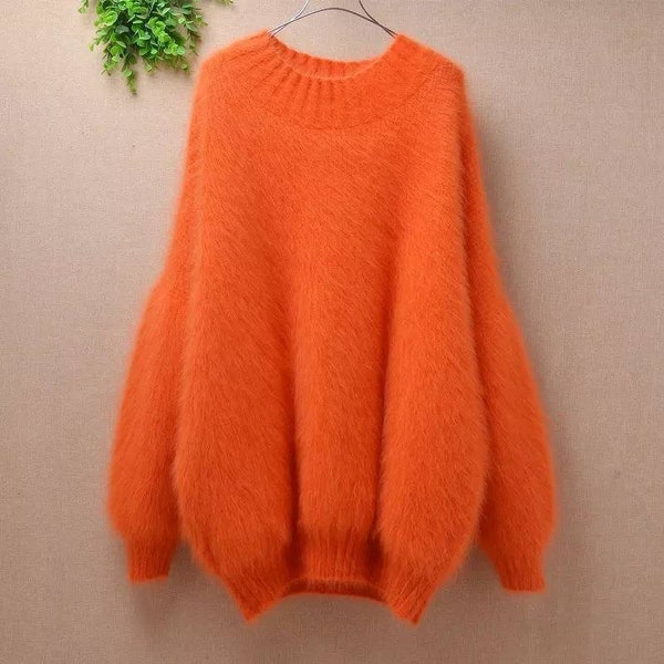 Elegant Fashion | Fluffy Sweater | Long Plus Size Mink Cashmere Long Puff Sleeves Angora Rabbit Fur Pullover | Body 75cm, Chest 150cm