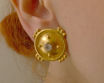 Vintage Clip Earrings | Clip On Gold Earrings With Swarovski Crystal | 80s Earrings