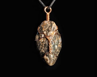 May include: A copper wire wrapped pendant featuring a brown and white agate stone with a unique pattern. The pendant is hanging from a black cord.