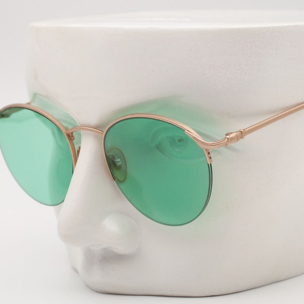 Rare Sirena X002/1 Round Vintage Sunglasses, Italy 1990s, Never Used, Light Green Tinted Lenses, Silver Stems, Designer Details, Unisex