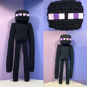 May include: A crocheted black Minecraft Enderman plush toy with purple eyes. The toy has long arms and legs.
