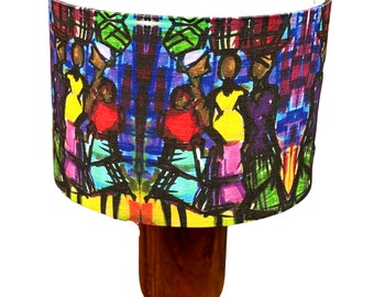 Lady Chatter - Drum Lampshade - African Lampshades - Handmade Lampshade - African Fabric lampshade - Artist Lampshade - Colourful Lampshade