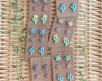 Desert Oasis: 3-Pack Succulent and Saguaro Cactus Polymer Clay Stud Earrings