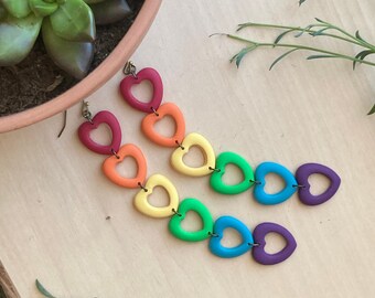 Colorful Unity: Long Rainbow Hearts Polymer Clay Earrings for Pride