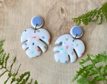 Monstera leaf earrings, terrazzo earrings, tropical plant earrings