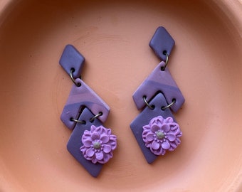 Marble + floral | Purple geometric + floral polymer clay earrings