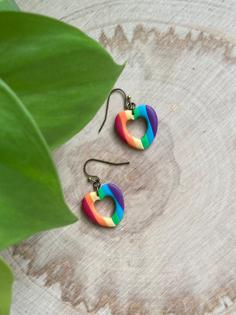 Rainbow Love: Heart-Shaped Pride Polymer Clay Earrings image 1