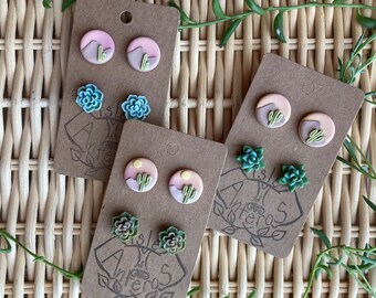 Succulent and Desert Scene Polymer Clay Stud Earrings Set